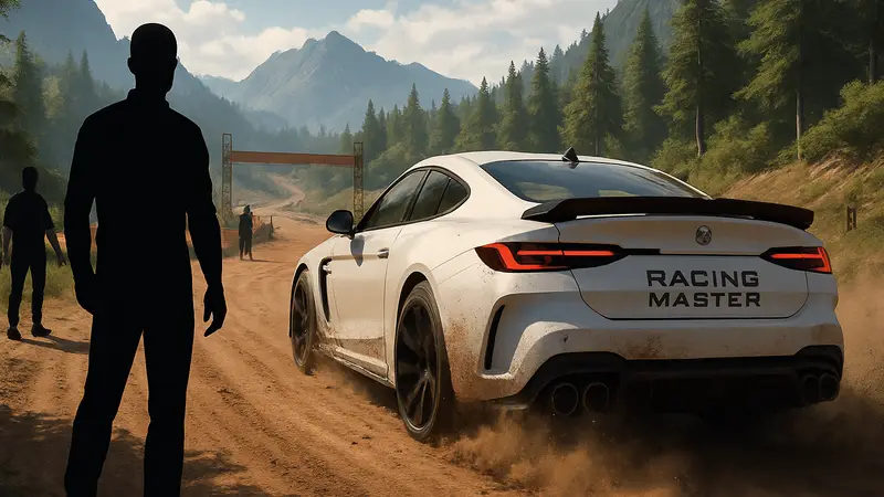 Игровой скриншот Racing Master с гоночным автомобилем на новой оффроад-трассе.