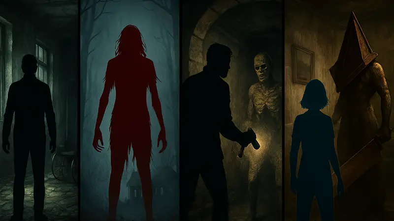 Изображение обложек величайших хоррор-приключений, передающих атмосферу ужаса и напряжения.