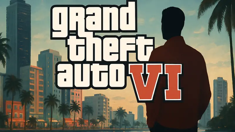 Логотип игры Grand Theft Auto VI на фоне городского пейзажа Вайс-Сити