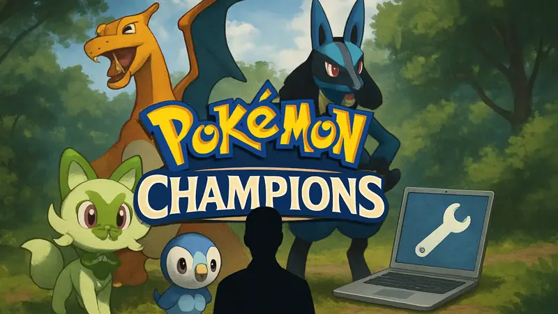 Логотип Pokémon Champions с изображением покемонов, символизирующий предстоящее исправление ошибок в игре.