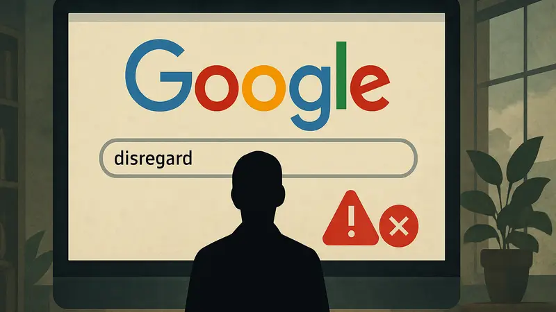 Логотип Google Search с символами ошибки, указывающими на сбой при поиске слова «disregard»