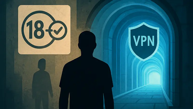 Изображение VPN-туннеля и символов проверки возраста в контексте закона Юты