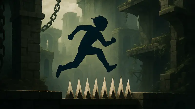 Игровой персонаж из хардкорного платформера преодолевает смертельную ловушку, символизируя сложность жанра.