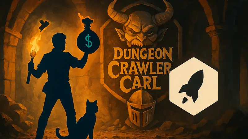 Логотип Dungeon Crawler Carl TTRPG и значок BackerKit, символизирующие успешный сбор средств.