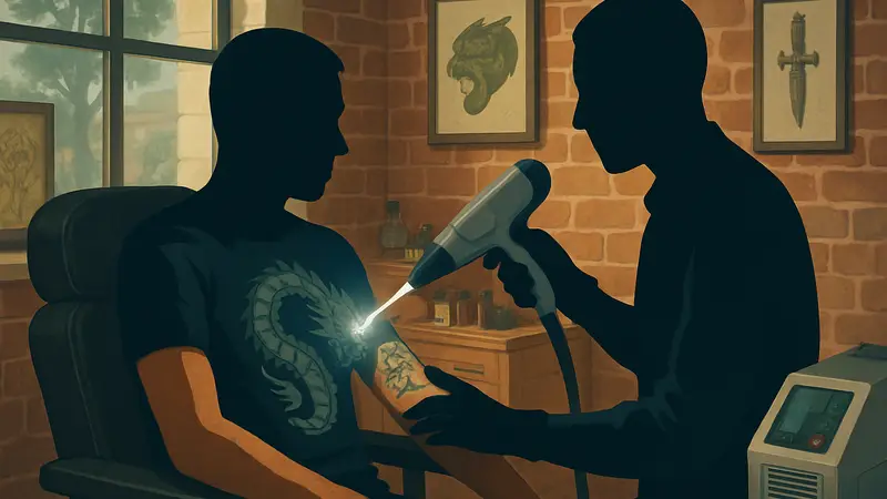 Геймплей Tattoo Removal Simulator, демонстрирующий процесс удаления татуировки лазером.