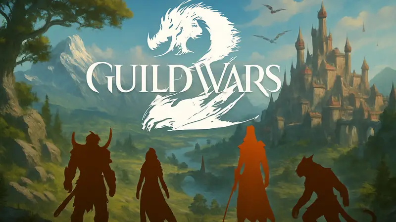 Логотип Guild Wars 3 на фоне фэнтезийного мира