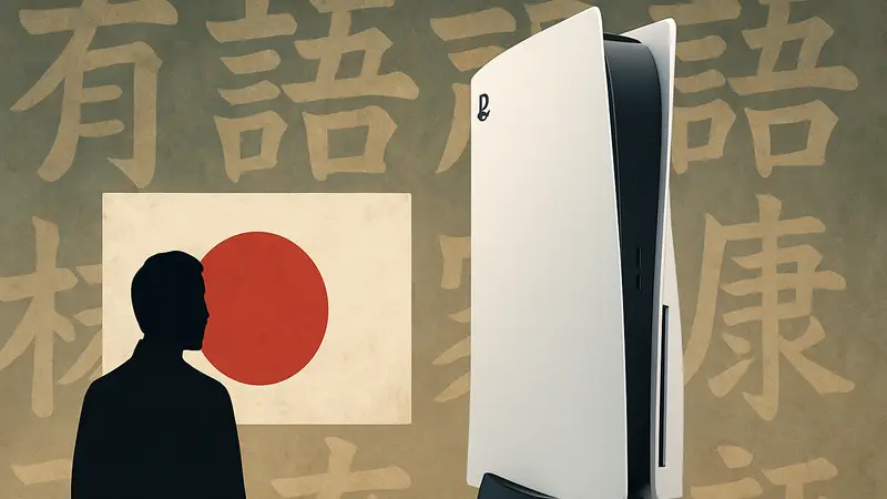 Игровая консоль PlayStation 5 в минималистичном дизайне, стоящая рядом с японским флагом на фоне иероглифов.