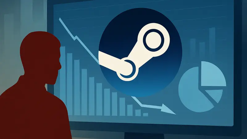 Логотип Steam на фоне статистики возвратов или графика продаж.