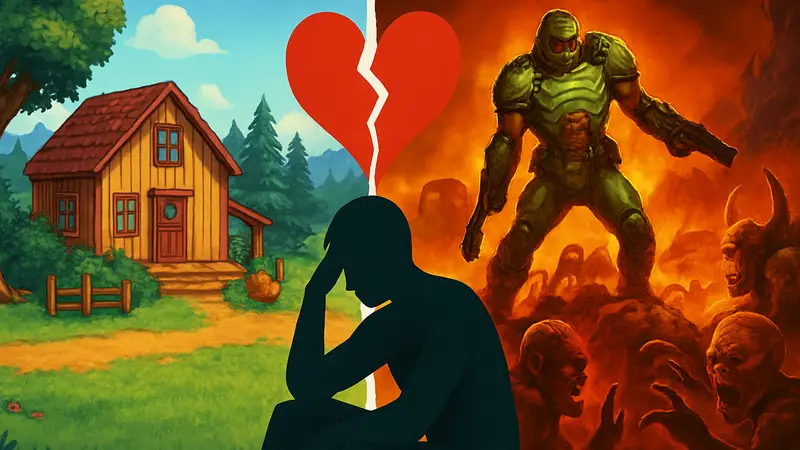 Обложки или скриншоты игр Stardew Valley и Doom, разделённые сердечком