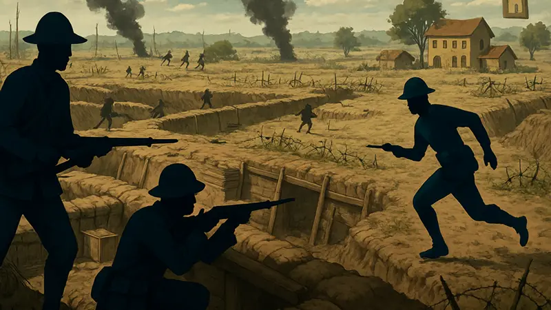 Скриншот игры Dig In, показывающий окопную войну и элементы колониального симулятора.