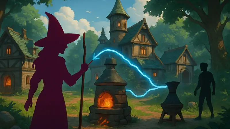 Скриншот из Witchspire, демонстрирующий магическую автоматизацию и фэнтези-сеттинг.