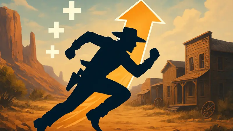 Герой из Far Far West в динамичной позе, символизирующий быструю прокачку и рост силы