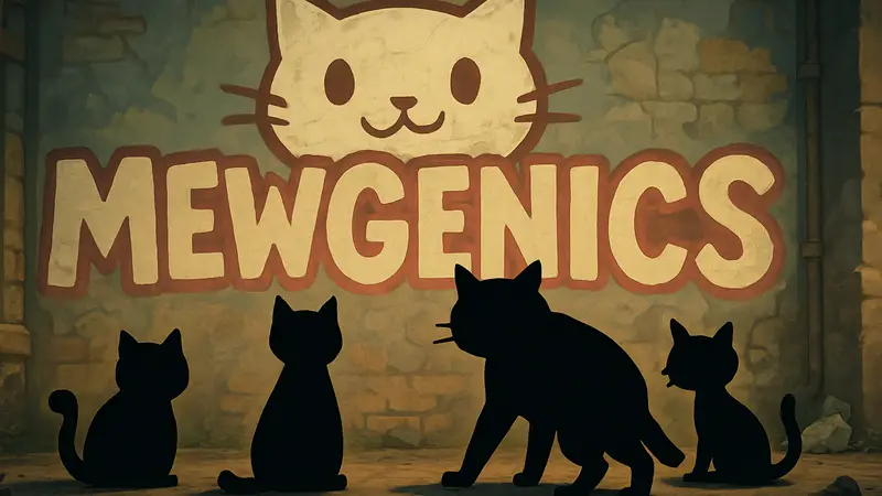 Главные герои-коты из игры Mewgenics от Эдмунда МакМиллена на фоне логотипа.