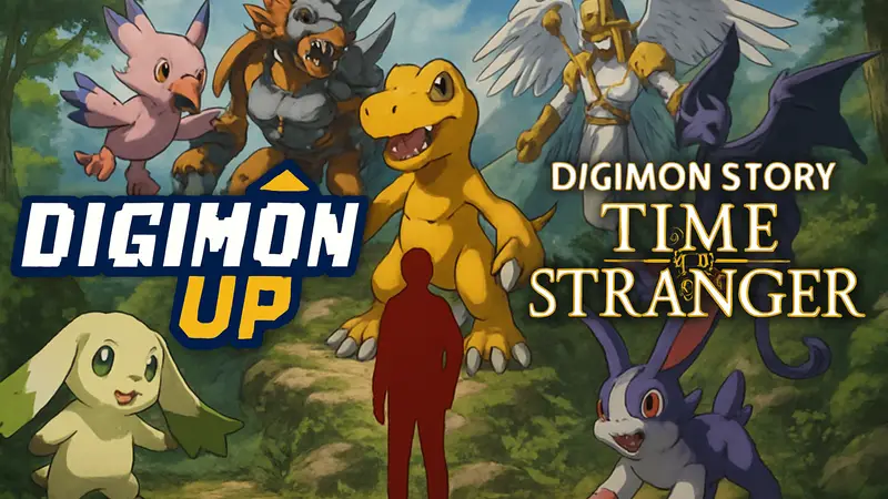 Логотип Digimon Up и Digimon Story Time Stranger на фоне персонажей Digimon.