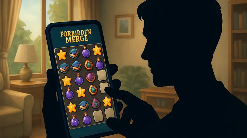 Игрок играет в Forbidden Merge на мобильном телефоне, интерфейс игры с элементами слияния