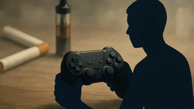 Геймпад на фоне размытых сигарет или вейпа, символизирующий отказ от никотина через игры