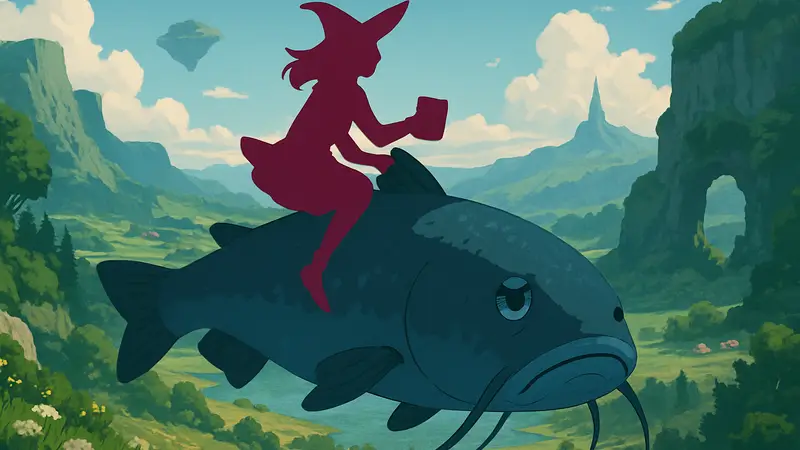 Молодая ведьма летит на спине гигантского грустного сома в игре The Wide Open Sky is Running out of Catfish.