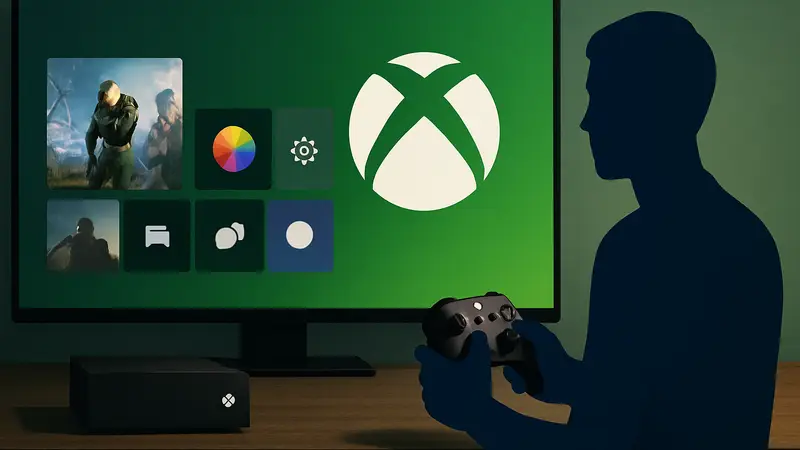 Интерфейс Xbox Series X, контроллер, логотип Xbox, новые функции.