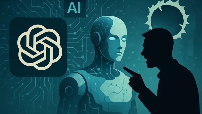 Иллюстрация ChatGPT-4o с символами ИИ и логотипом OpenAI, нейросеть ИИ и скандал.