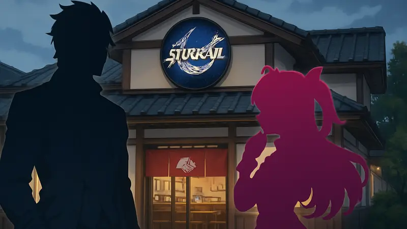 Персонажи Авантюрин и Спаркл из Honkai: Star Rail на фоне ресторана Kura Sushi.