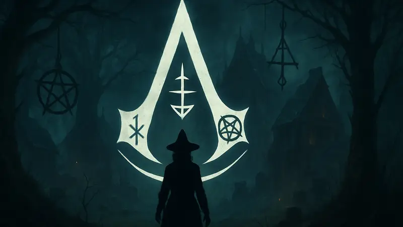 Логотип Assassin's Creed Hexe с ведьминскими символами и мистической атмосферой.