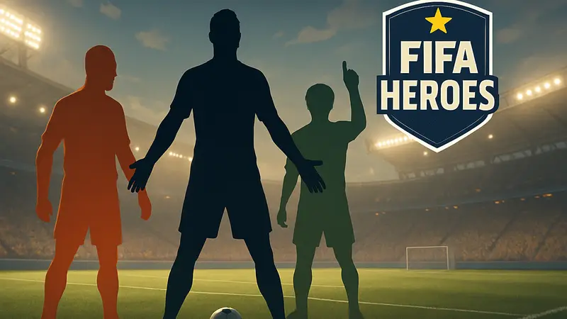 Игровой скриншот FIFA Heroes с известными футболистами и логотипом игры.