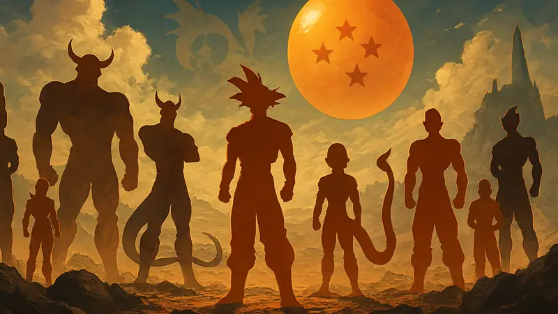 Десятка сильнейших соперников Гоку из аниме Dragon Ball, сосредоточенных на демонстрации своей силы.