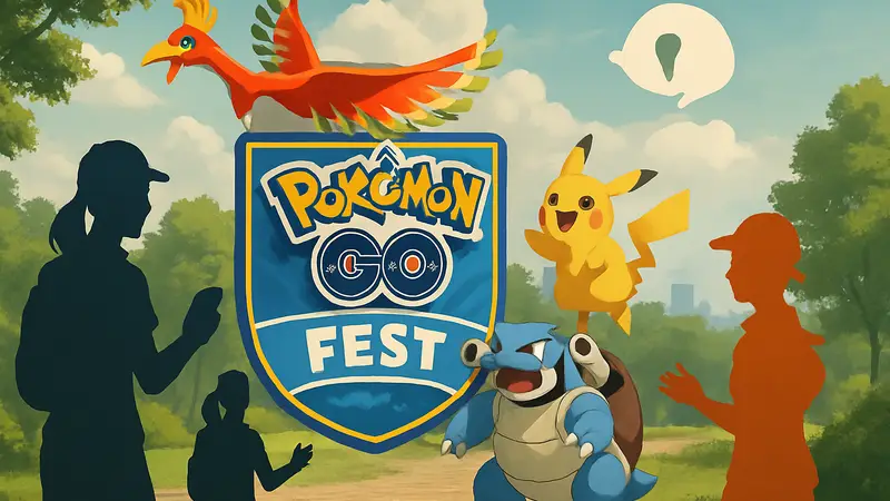 Логотип Pokemon GO Fest, покемоны и тренеры, участвующие в рейде, Niantic apology.