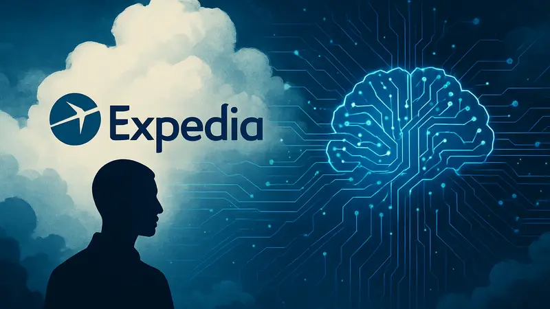 Логотип Expedia, абстрактное изображение искусственного интеллекта или потока данных, облачные технологии.