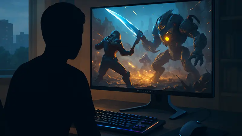 Игровой монитор Alienware OLED с клавиатурой и мышью, на экране динамичная игра.