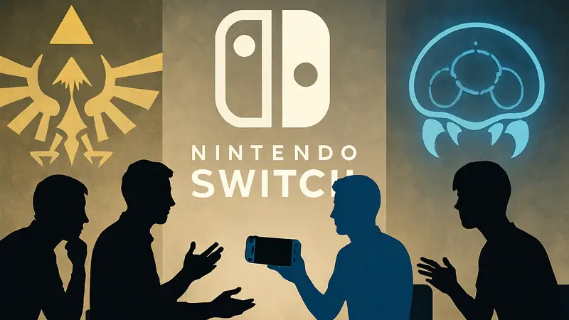 Геймеры обсуждают ожидаемые игры для Nintendo Switch 2 на фоне логотипов Zelda и Metroid