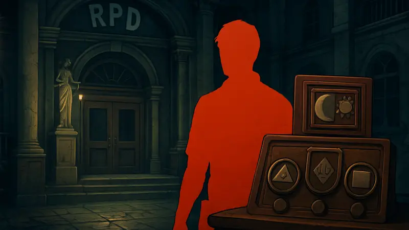 Полицейский участок RPD из игры Resident Evil Requiem с таинственными элементами головоломки на переднем плане.