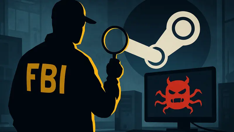 Агент ФБР расследует киберугрозу на фоне логотипа Steam, символизируя вредоносное ПО в играх.