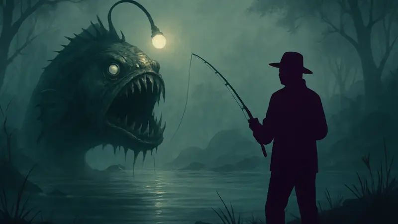 Изображение из игры Dreadmoor, демонстрирующее жуткую рыбу или рыбака в туманной атмосфере.