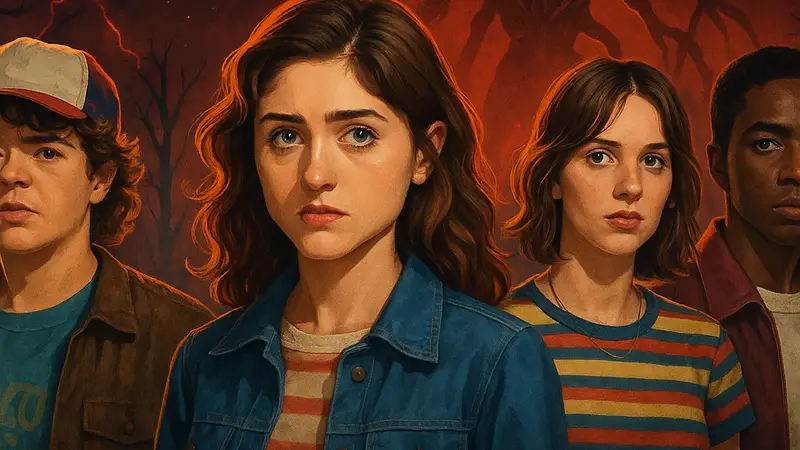Группа персонажей из сериала "Очень странные дела", включая Нэнси, Робин и Дерека.
