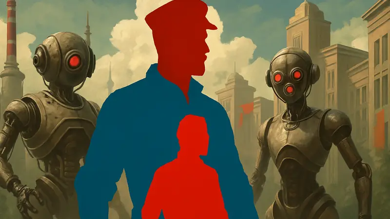 Обложка DLC Atomic Heart: Blood on Crystal с изображением майора Нечаева и роботов в советском стиле