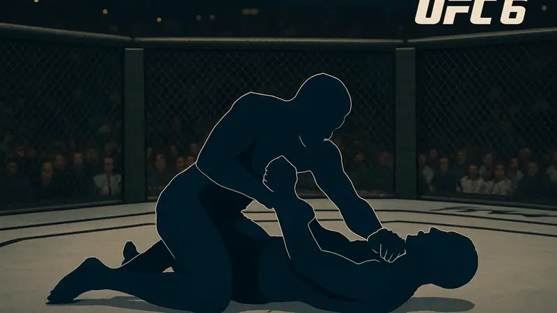 Игровой скриншот UFC 6 с бойцами, выполняющими болевой приём в партере.