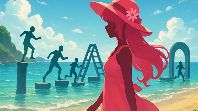 Персонаж Infinity Nikki в летнем наряде на фоне моря, иллюстрация испытаний.