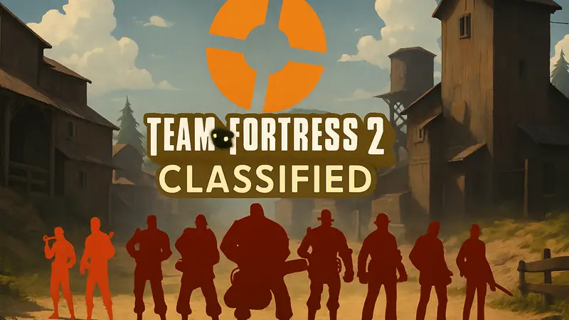 Изображение логотипа Team Fortress 2 Classified, выполненного в стилистике оригинальной игры TF2.