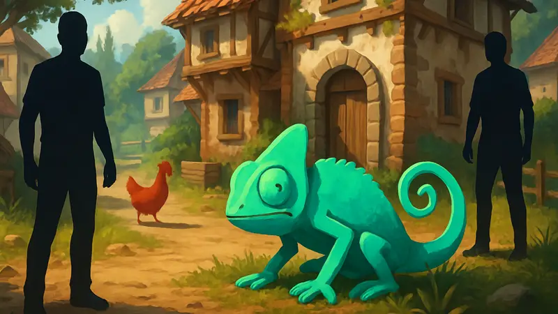 Скриншот игрового процесса Meccha Chameleon, демонстрирующий режим «Обратная Куриная Гонка» и маскировку игрока.