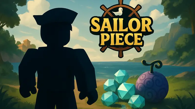 Логотип Roblox Sailor Piece с изображением гемов и Devil Fruits