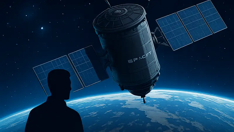 Иллюстрация орбитального центра обработки данных или спутника SpaceX на фоне Земли и космоса.