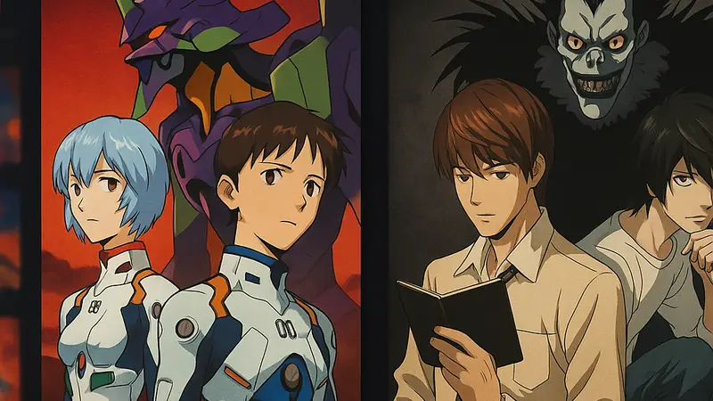 Обложки классических аниме, таких как Neon Genesis Evangelion и Death Note, на фоне интерфейса Netflix, символизирующие просмотр.