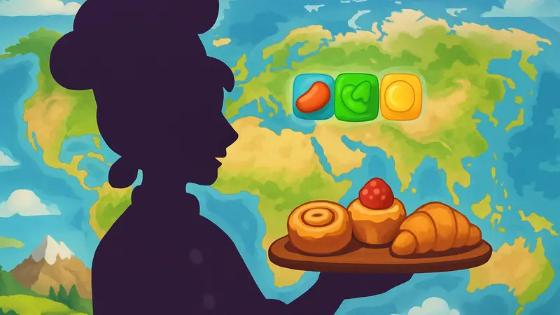 Иллюстрация главной героини Jolly Match 3, Тессы, с выпечкой на фоне карты мира, в мультяшном стиле.
