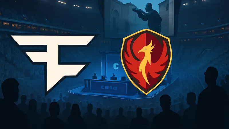 Эмблемы команд FaZe Clan и Passion UA на фоне турнирной арены Counter-Strike 2