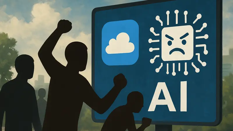 Изображение логотипа Bluesky и символ искусственного интеллекта, показывающие недовольство пользователей Attie