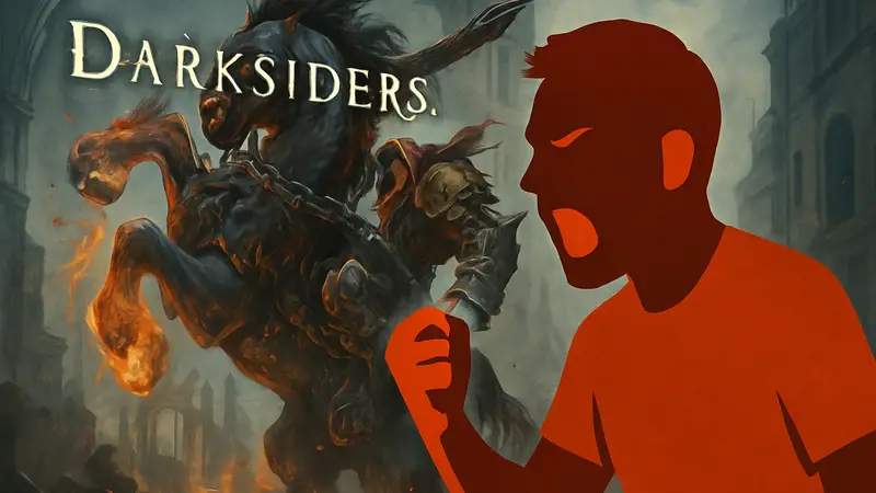 Разъяренный геймер, на фоне обложки игры Darksiders, выражает недовольство дорогим апгрейдом.