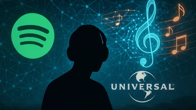 Логотипы Spotify и Universal Music на фоне нейросети, генерирующей музыку.