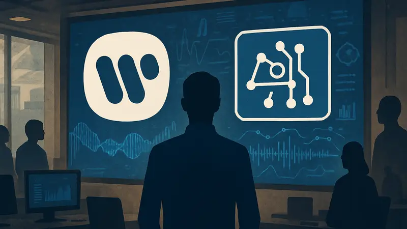 Логотипы Warner Music Group и Sureel AI, символизирующие слияние для отслеживания ИИ-контента в музыке.