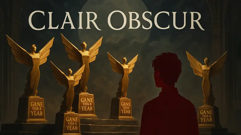 Логотип игры Clair Obscur на фоне блестящих игровых наград «Игра года» (GOTY).